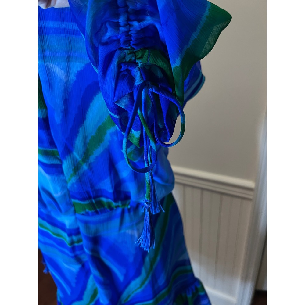 Kelly Grace Blue Swirl Print V-Neck Ruffle‎ Mini Dress Blue Green NWT size 10 - Picture 8 of 9